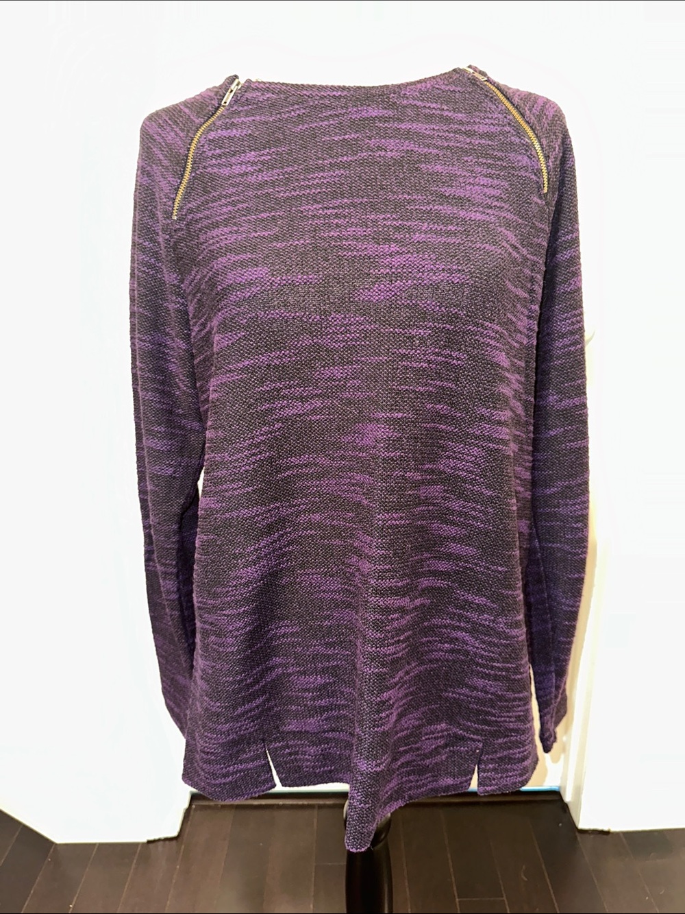 Christopher & Banks Purple Marled Crewneck Sweater with Gold Zippers